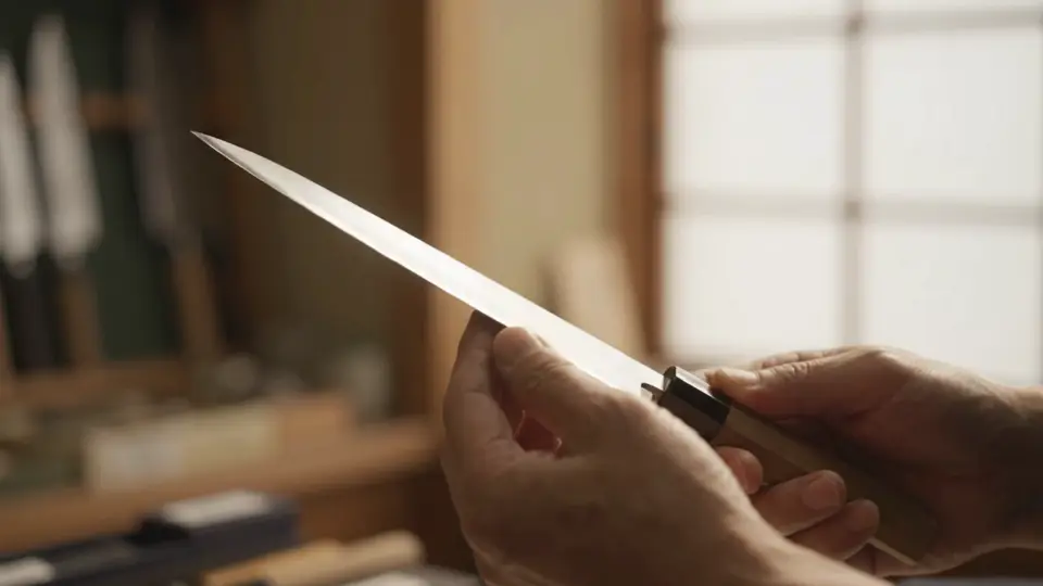 Inspecting a finished Japanese kitchen knife in a knife shop