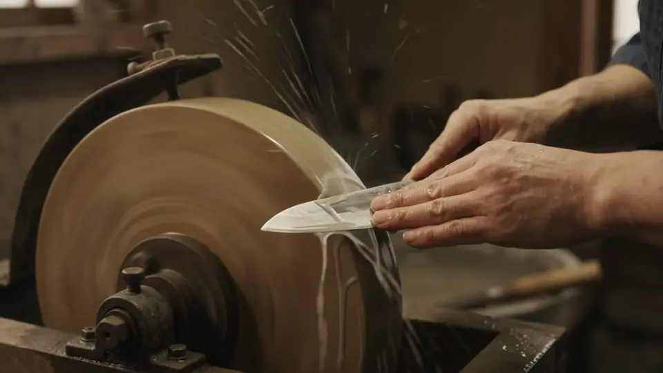 Sharpening a kitchen knife on a water-cooled grinding wheel